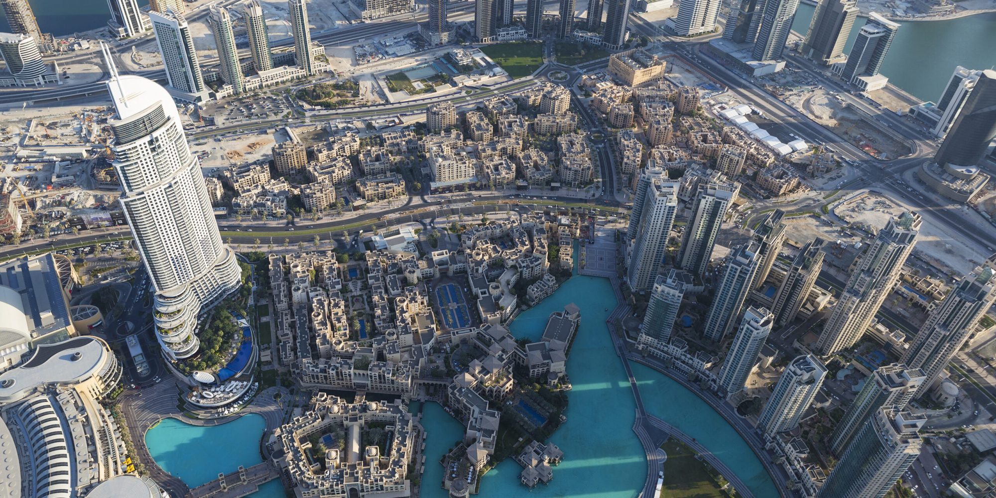 Aerial view of Dubai city from the top of a tower.